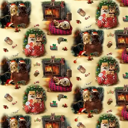Fireside Pups Puppies Dogs Scenic Allover Cream with Free $89.99 Bundle Luxury