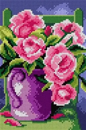 Needlepoint Roses In Purple Jug Printed Tapestry Canvas Bargain