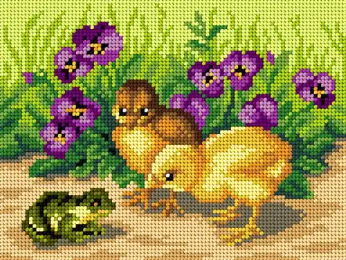 Fan Favorite Chickens And Frog Needlepoint Canvas For Halfstitch W/O Yarn