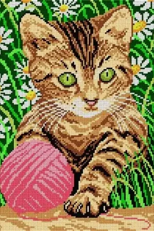 Little Cat In A Grass Needlepoint Canvas For Halfstitch W/O Yarn Hassle-Free Returns