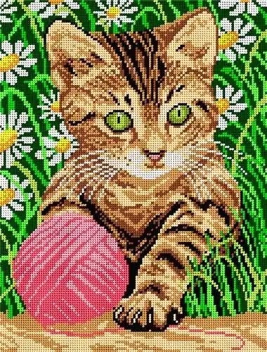 Little Cat In A Grass Needlepoint Canvas For Halfstitch W/O Yarn Hassle-Free Returns