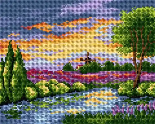 Worldwide Shipping Landscape With Windmill Needlepoint Canvas For Halfstitch W/O Yarn