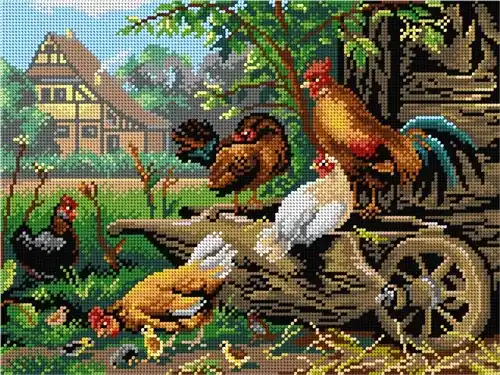 Must Have Carl Jutz - Farm Rooster Chickens Needlepoint Canvas For Halfstitch W/O Yarn