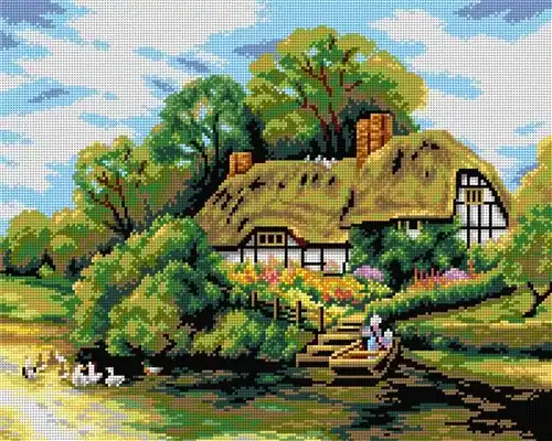 Large Cottage By A River Needlepoint Canvas For Halfstitch One Day Deal