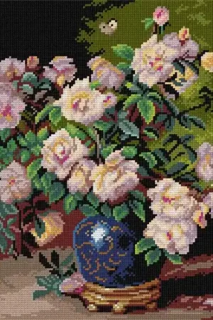 Roses In A Cobalt Vase Needlepoint Canvas For Halfstitch W/O Yarn Luxury