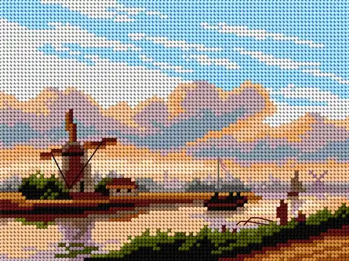Order Now Needlepoint, Canvas For Halfstitch W/O Yarn - A Panoramic Summer Landscape With Barges