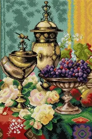Needlepoint Canvas For Halfstitch W/O Yarn - Still Life With Roses Grapes And A Silver Inlaid Nautilus Shell Last Chance