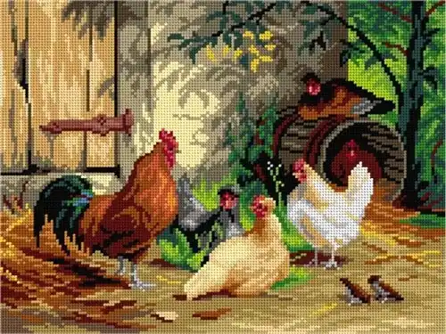 Needlepoint canvas for halfstitch without yarn after Carl Jutz the Elder - Chickens in front of the Stable 3288J - Printed Tapestry Canvas Bulk Order