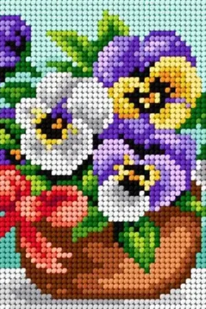 Needlepoint canvas for halfstitch without yarn Basket of Pansies with a Ribbon 2453D - Printed Tapestry Canvas Bulk Order