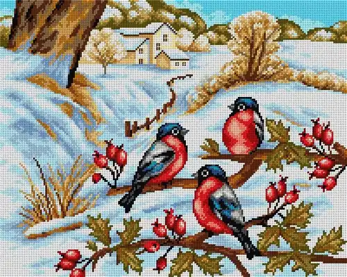 Clearance Needlepoint canvas for halfstitch without yarn Winter Landscape with Bullfinches 2421M