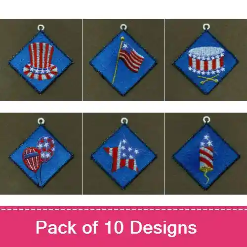 Last Chance FSL Mini Patriotic Ornaments Embroidery design pack by Wind Bell Embroidery, Embroidery Packs on EmbroideryDesigns.com