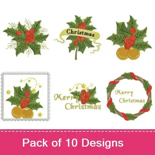 Holly Embroidery design pack by Wind Bell Embroidery, Embroidery Packs on EmbroideryDesigns.com Last Chance