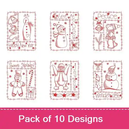 Certified Redwork Patchwork Holiday Embroidery design pack by Wind Bell Embroidery, Embroidery Packs on EmbroideryDesigns.com