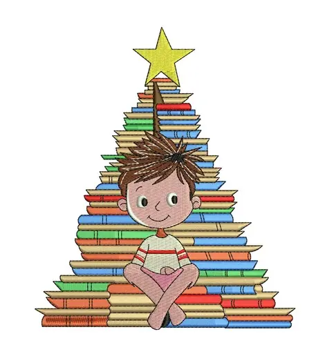 Boy, Books & Christmas Tree Embroidery Design Sale