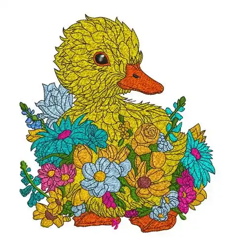 Duck In Flowers Embroidery Design Certified