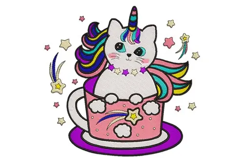 Free Returns Unicorn Cat In Cup Embroidery Design