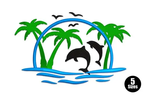 Dolphins & Palms Embroidery Design Fast Shipping